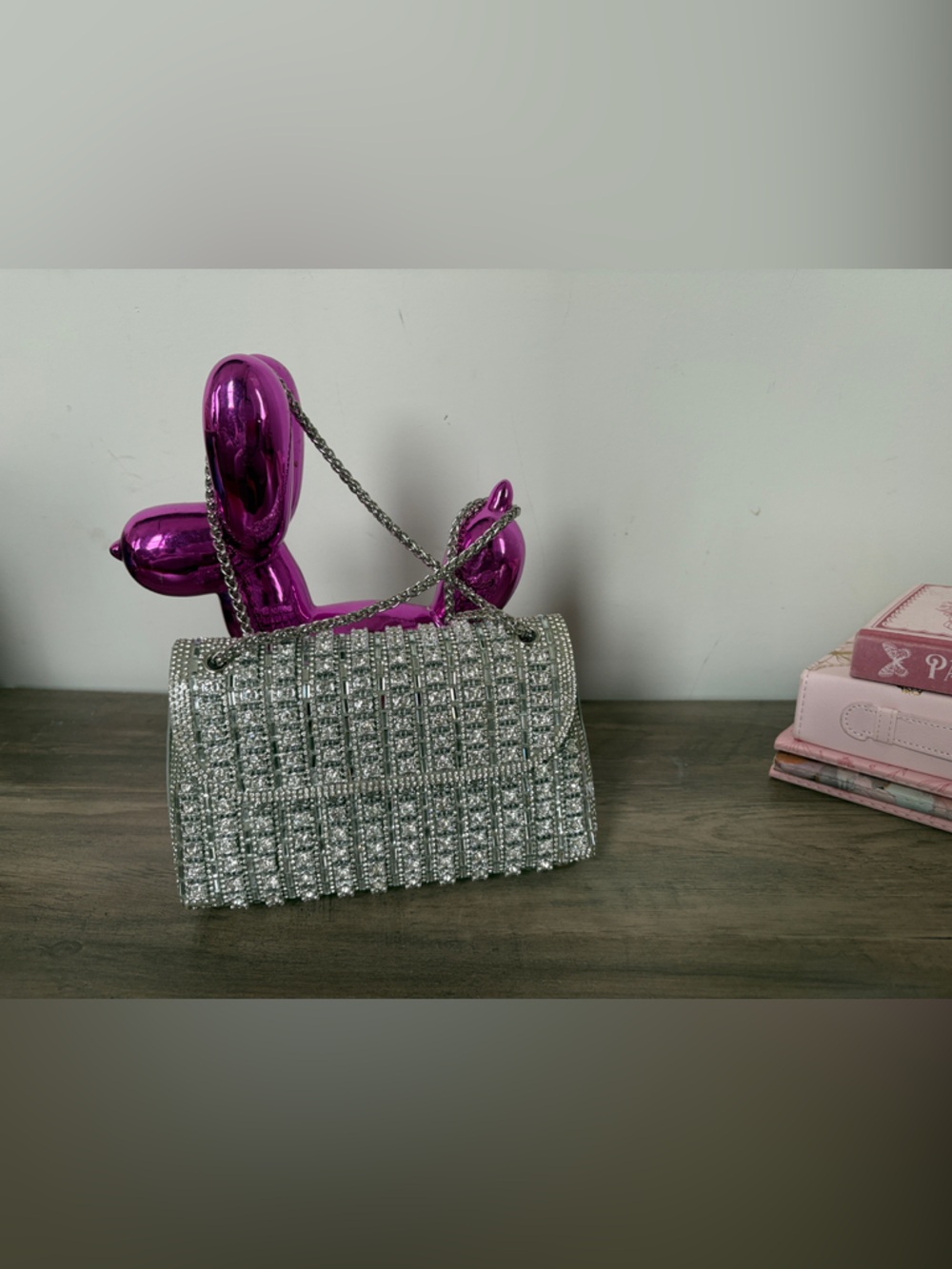 Glittering Silver Crystal Crossbody Bag with Chain Strap